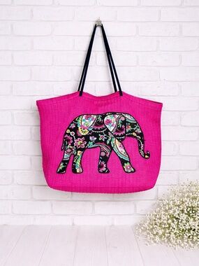 Vera Bradley Pink Woven Straw Elephant Paisley Patch Tote
